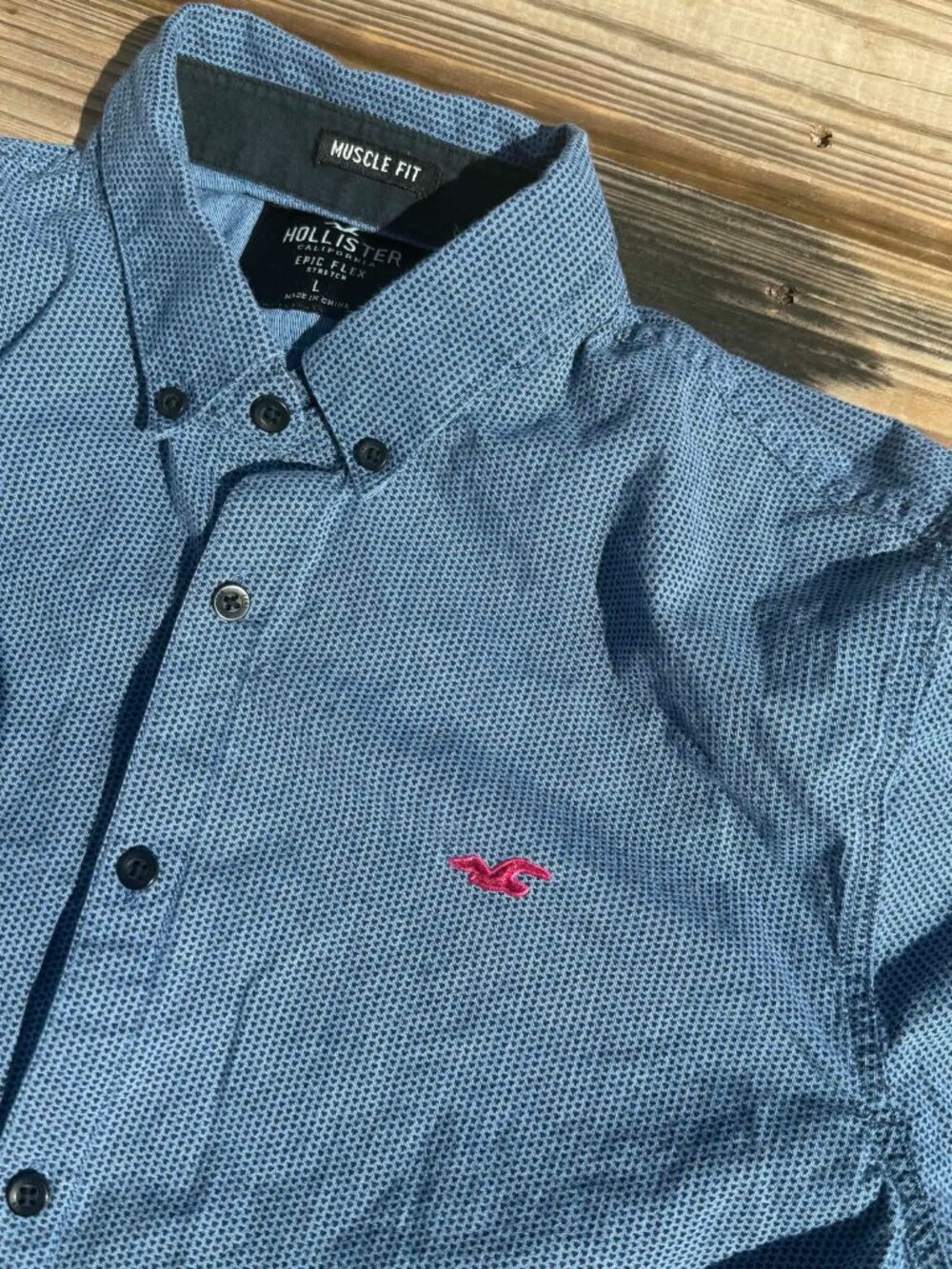 Hollister Mens Epic Flex Shirt L Blue Micro Print Preppy Y2K Coastal 3353